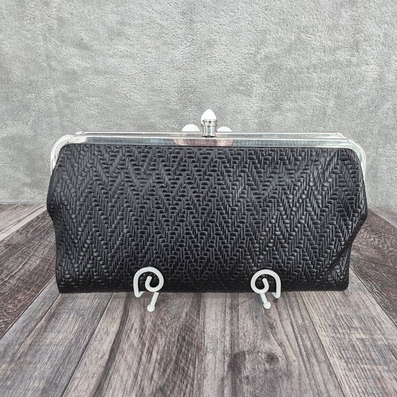 HOBO Lauren Wallet Clutch Embossed Black Leather Floral Lined Kiss Lock Fold New - Picture 1 of 14